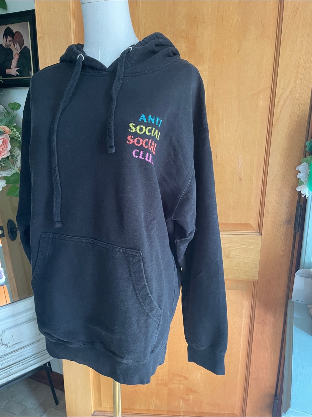 Anti Social Social Club Black Zip-Up Sweater with Rainbow Logo Medium Hoodie